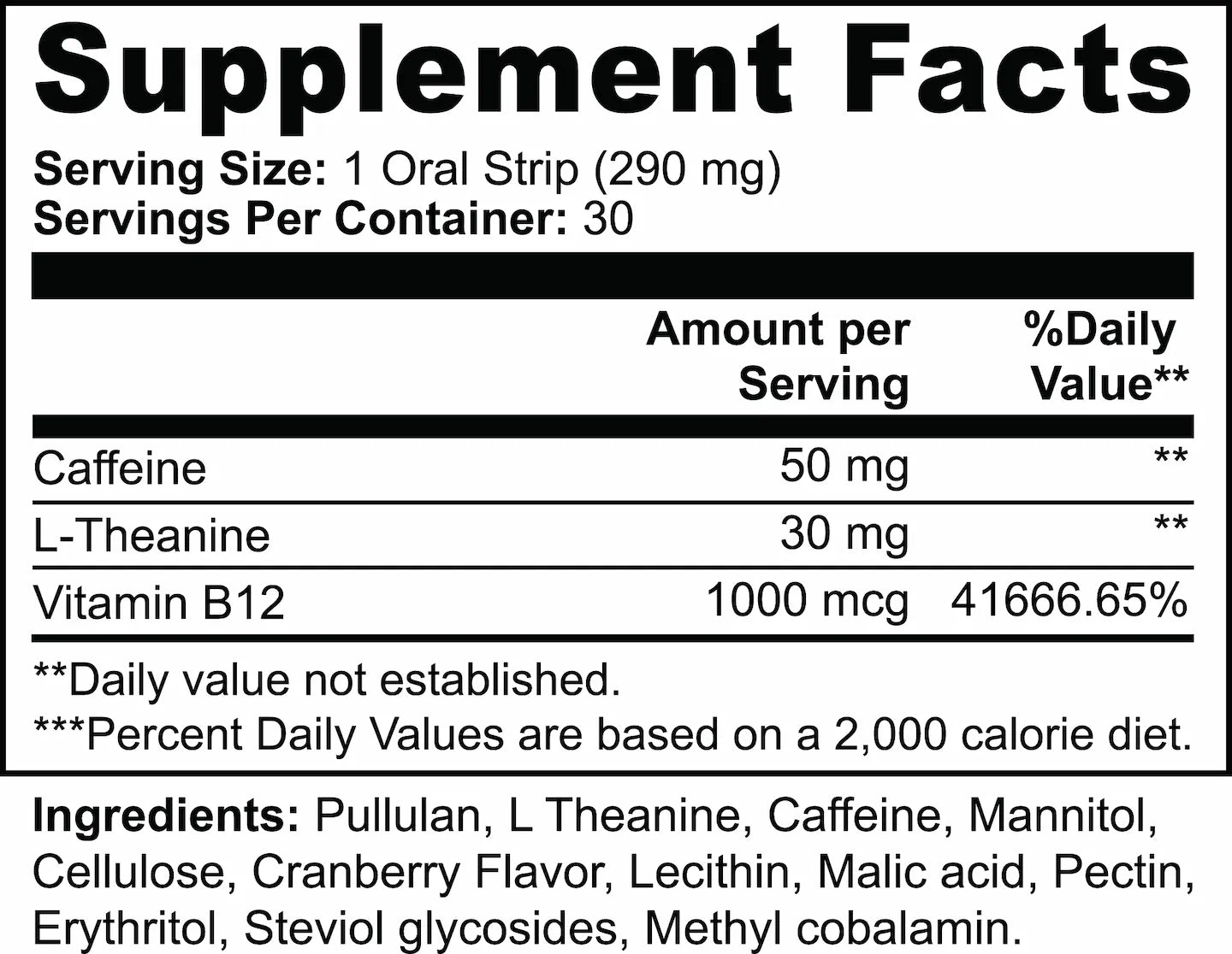 ZeusX Lightning Bolt Energy Strips Supplement Facts