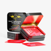 ZeusX Lightning Bolt Cranberry flavor energy strips open black metal tin with individual sachets