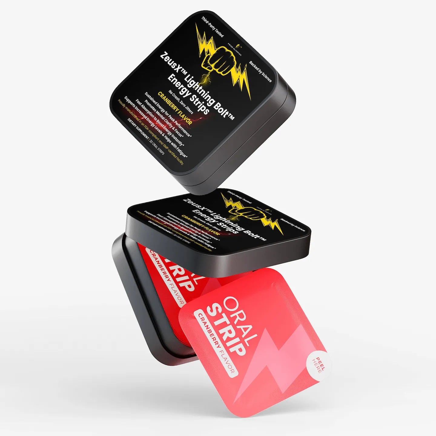 ZeusX Lightning Bolt Cranberry flavor energy strips black metal tins and individual sachet