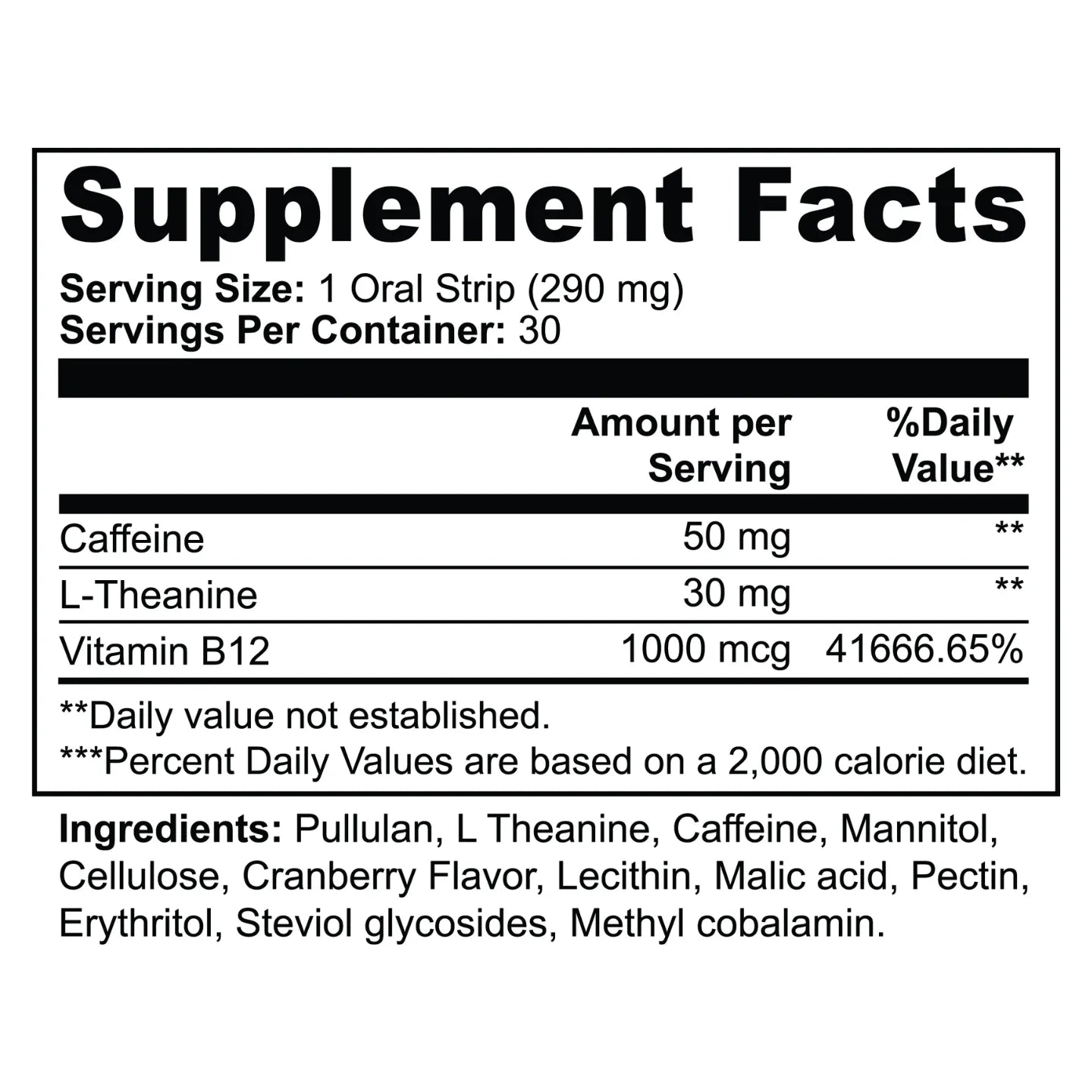 ZeusX Lightning Bolt energy strips Supplement Facts label showing Caffeine L-Theanine and Vitamin B12 ingredients